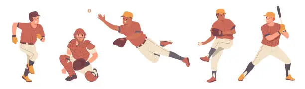 Vector illustration of Baseball player of american sports game set male character in uniform in various playing positions