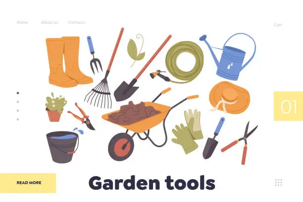 Vector illustration of Landing page online service offering variety in assortment of garden tools for work in orchard