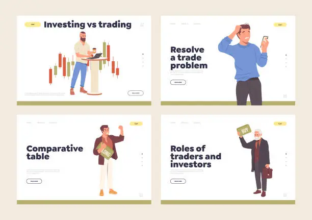 Vector illustration of Isolated set of landing page offering education and information in finance, trading and investment