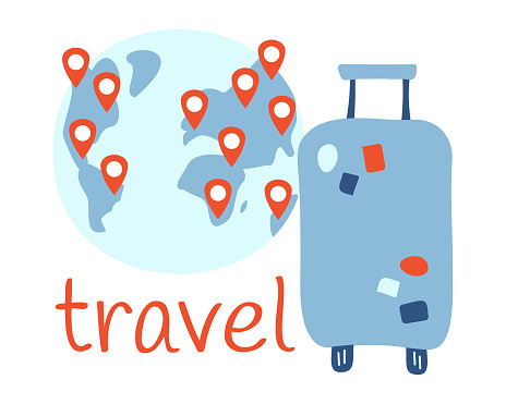 Trip around the planet. Suitcase with stickers. Location on earth. Red Pins on the map. Travel text. Tourist luggage. Journey theme. Vector illustration.