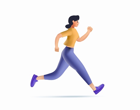 3D woman character runner. 3D vector concept illustration of female athletes running in the park, forest, stadium track or street landscape. Healthy activity and lifestyle. Sprint, jogging, warming up
