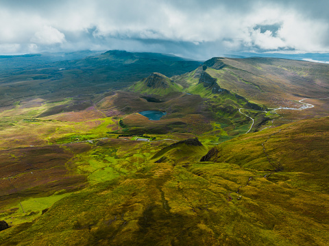 Drone view of Quiraing, Isle of Skye, Scotland on summer time