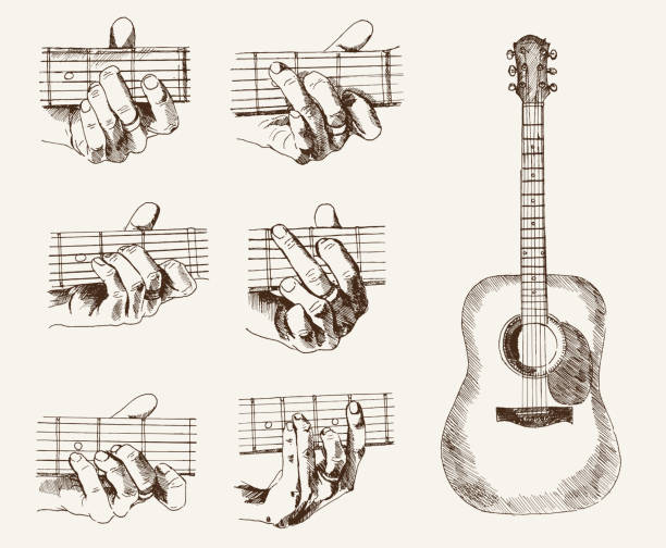 guitar and chords guitar and chords. set of vector sketches chord stock illustrations