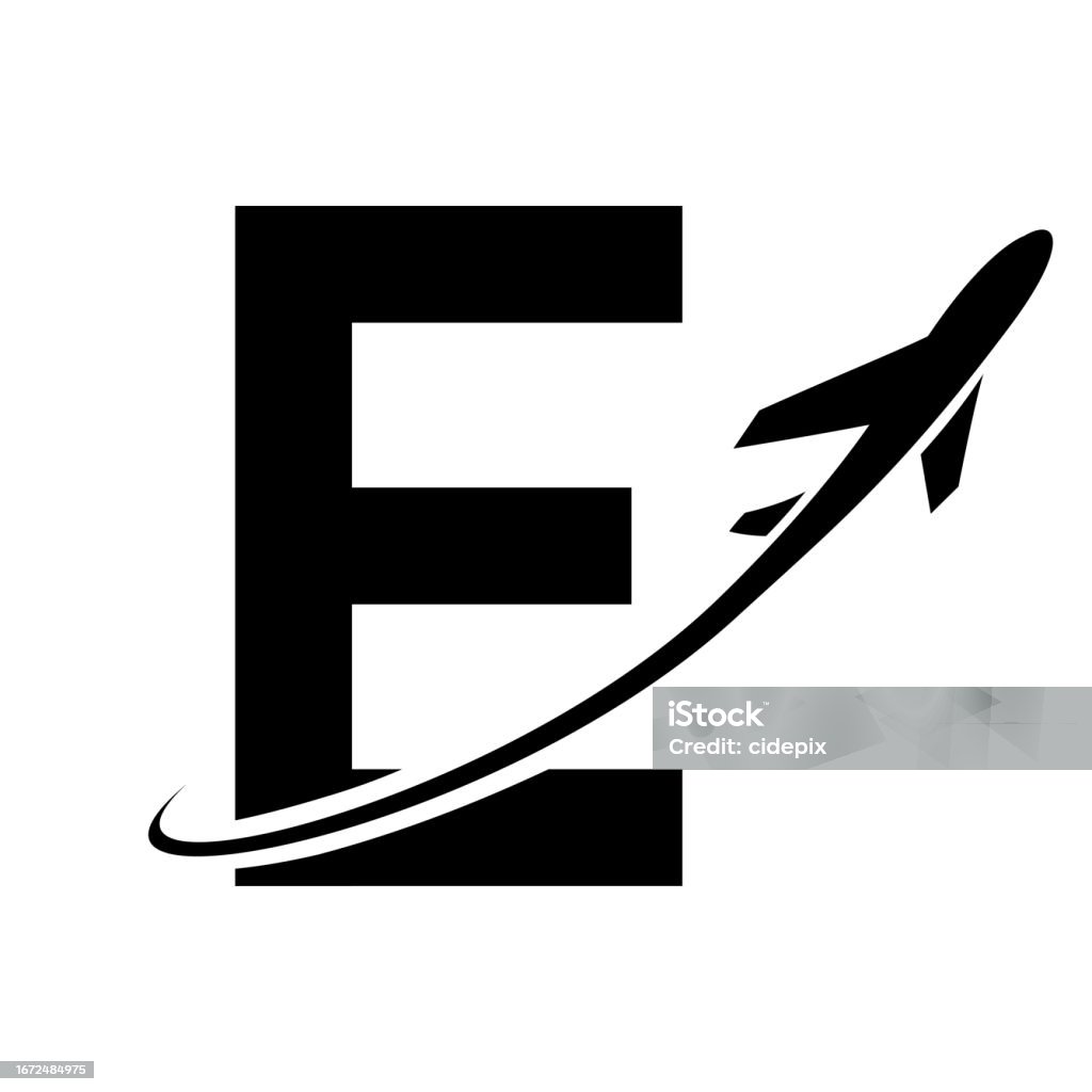 Black Uppercase Letter E Icon With An Airplane Stock Illustration black-uppercase-letter-e-icon-with-an-airplane-stock-illustration
