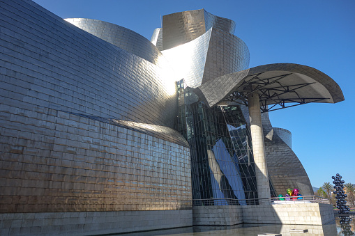 Bilbao, Spain - April 2, 2021: Exterior views of the Guggenheim Museum