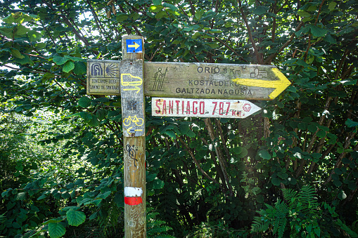 San Sebastian, Spain - Aug 2, 2021: A signpost on the El Camino de Santiago trail in the Basque Country