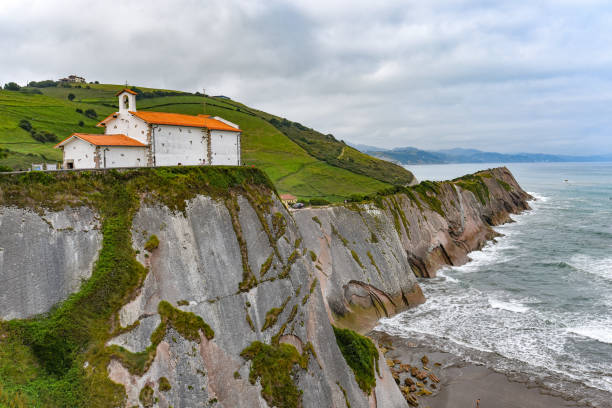 スペイン、スマイアの海岸にあるサンテルモ教会とフリッシュの崖 - vizcay ストックフォトと画像