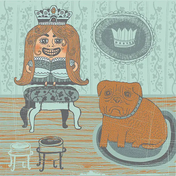 Vector illustration of Girl in princess fancy dress with sad looking bullmastiff indoors