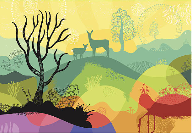 ilustraciones, imágenes clip art, dibujos animados e iconos de stock de paisaje colorido soleado con plantas y árboles y deers - autumn landscape hill tree