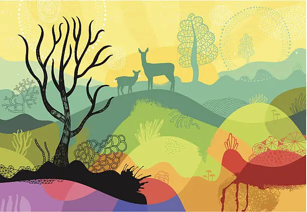 Vector illustration of Colourful sunny landscape with plants, trees and deers