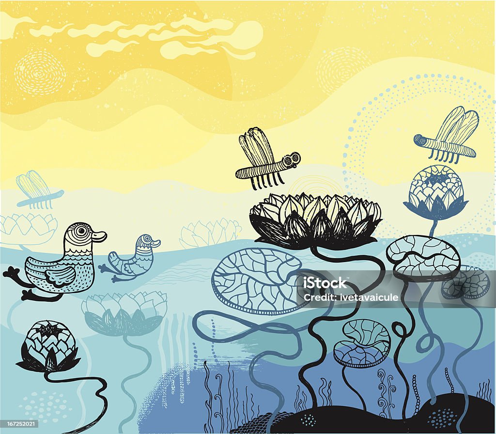 Life on water Vector file of colourful landscape illo with water, waterlillies, dragonfly,ducks and sunny background Underwater stock vector