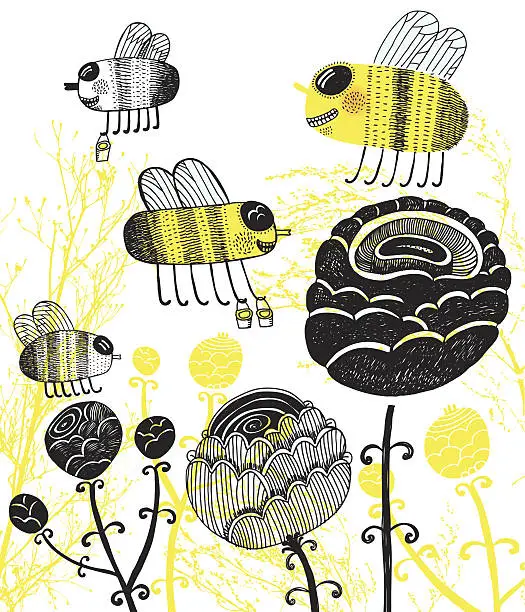 Vector illustration of Illustration of hand drawn busy bees, flowers and plants