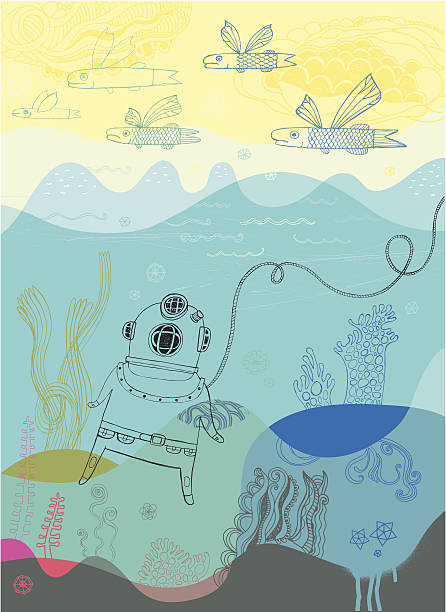 illustrazioni stock, clip art, cartoni animati e icone di tendenza di sommozzatore - pesce volante immagine