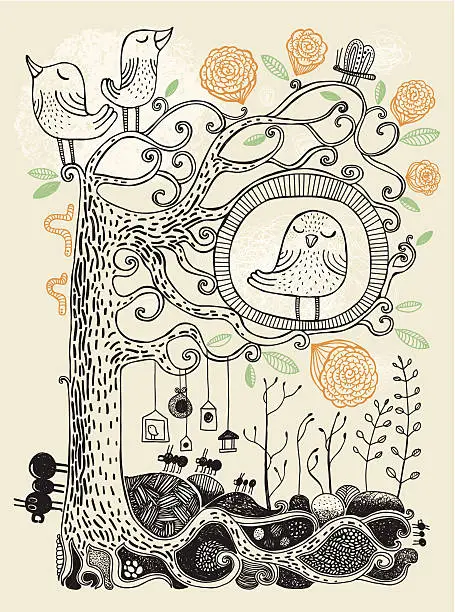 Vector illustration of Hand drawn blossoming tree with birds and insects