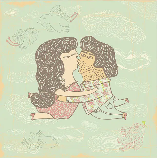 Vector illustration of Couple kissing in heaven surrounded by birds and clouds