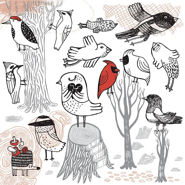 Vector illustration of Birds,trees and hedgehog