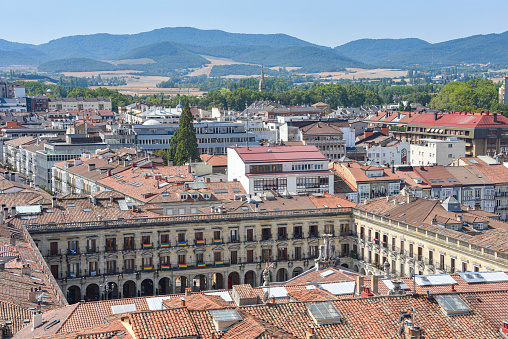 Vitoria Gasteiz, Spain - 21 Aug, 2021: Views of the Plaza de Espana and the city of Vitoria
