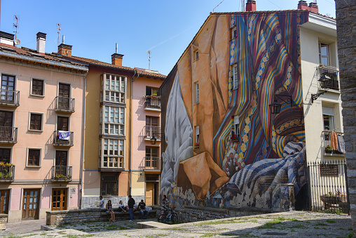 Vitoria-Gasteiz, Spain - 21 August 2021: Denboraren harira street art mural in the old town of Vitoria-Gasteiz
