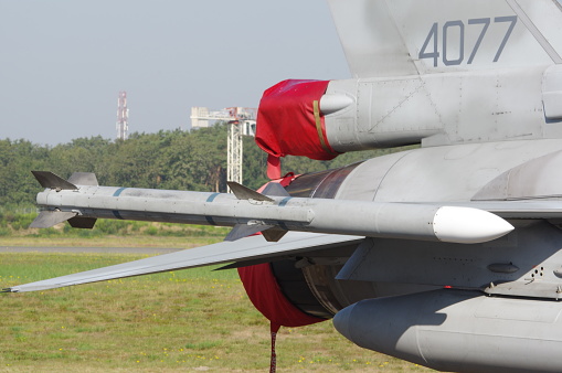 Close up  AMRAAM AIM-120  Advanced Medium-Range Air-to-Air Missile AMRAAM  on the wing of a polish air force F16 fighting falcon Kleine brogel air base 9 august 2023 belgium