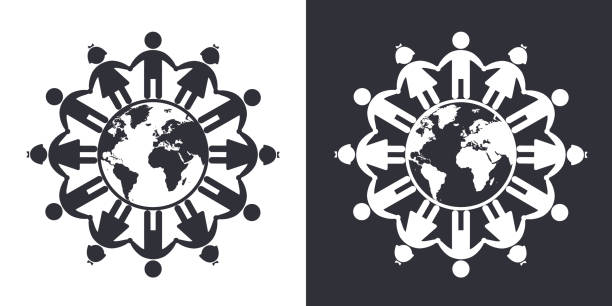 Black icon of kids hold hands around globe Children of the world icon, black silhouette on white. Boys and girls standing together around the Earth. Vector stencil shape for baby protection and care concept, World children's day design. children holding hands icon stock illustrations