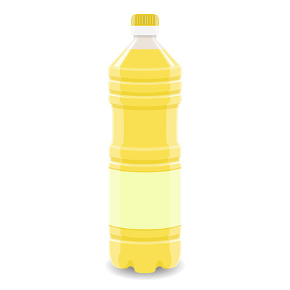 Sunflower oil layout isolated on white. Plastic bottle of yellow color with pure label in flat style. Vector picture for vegetable oil, cooking ingredient, organic product mockup, brand design.