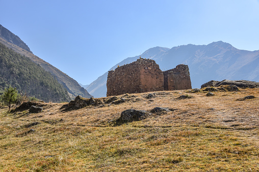 Cusco, Peru - June 29, 2022: The Inca Ruins of Pumamarca, near the town of Ollantaytambo, Cusco, Peru
