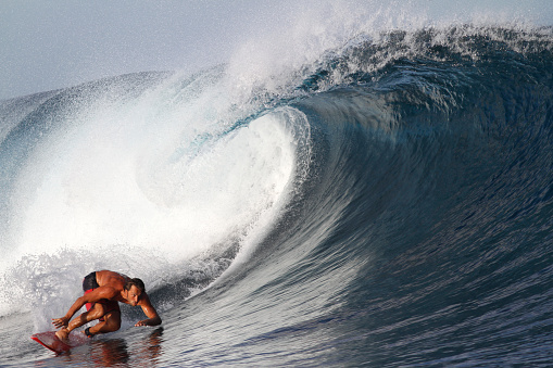 A surfer turns smoothly off the bottom of a wave in fiji in perfect front-lit light