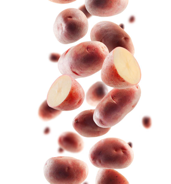 istock Red potatoes fly and fall in space. Volumetric light from behind. Isolated on white. 1672597961
