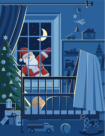 Illustration of baby’s room with sleeping baby in his bed at night, toys, new year tree and presents, Santa looking in the window.