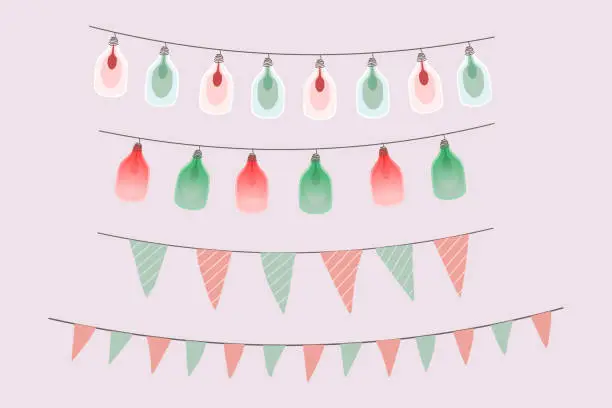 Vector illustration of Christmas  lights garland  bunting element. Vector illustration. Wall Art with Kawaii Style Isolated on a pink Background. Lovely Nursery Art Ideal for Decoration, Card, Poster.