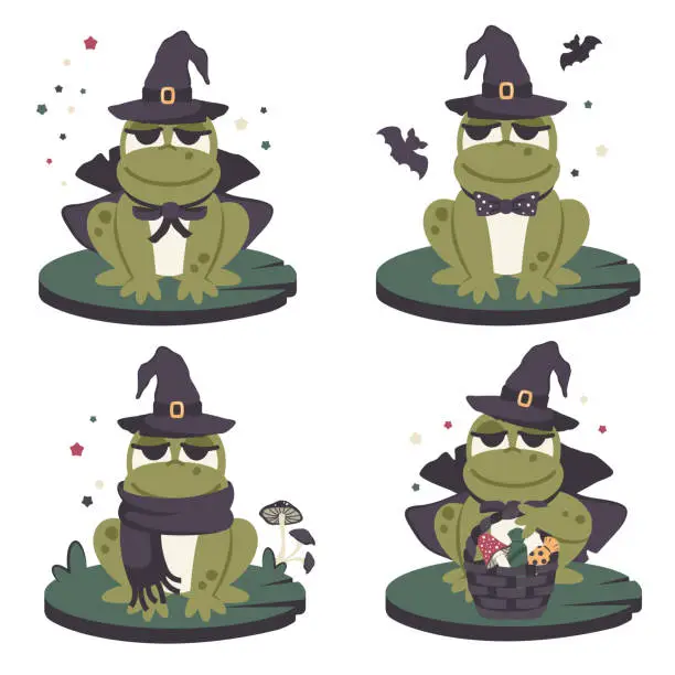 Vector illustration of Happy Halloween. Set of Cute frogs in black cloak and hat siiting on green leaf. Silhouette of bat, basket with Halloween candy, holiday clothes, funny toads. Cartoon character face. Clipart. Vector