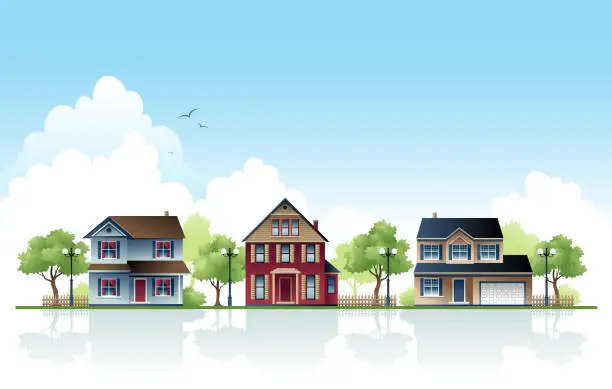 Vector illustration of Three Suburban Houses in a Row During Day