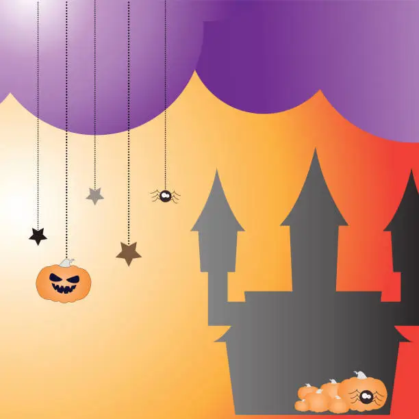 Vector illustration of Halloween vector theme - pumpkins, scary spider, castle and stars