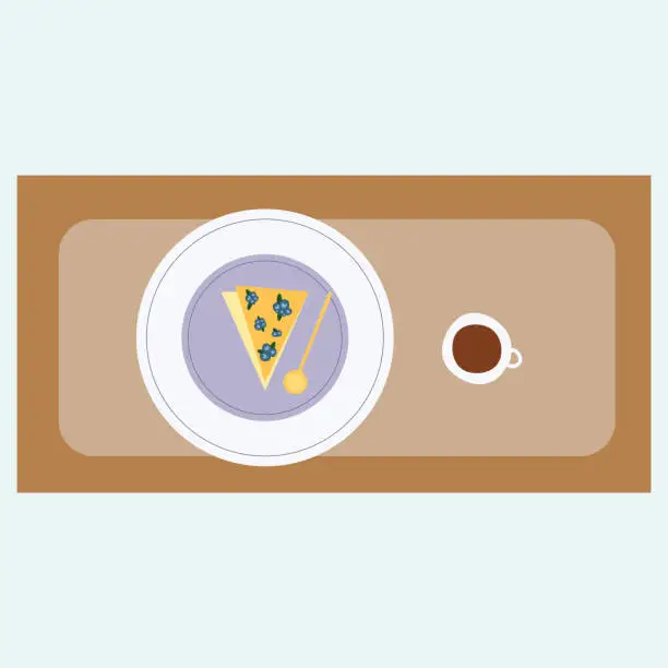 Vector illustration of pie with blueberries and hot coffee on the table vector