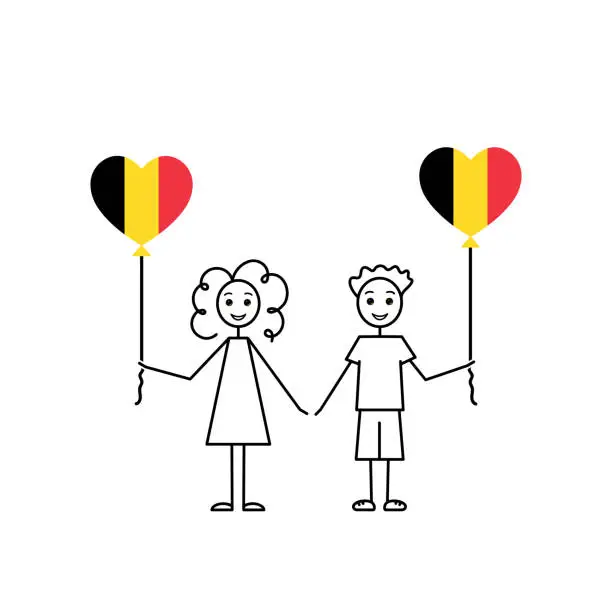 Vector illustration of belgian children, love Belgium sketch, girl and boy with a heart shaped balloons, black line vector illustration