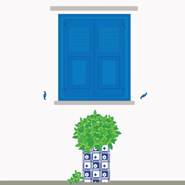 Vector illustration of traditional greek window with basil flower inside the greek teneke