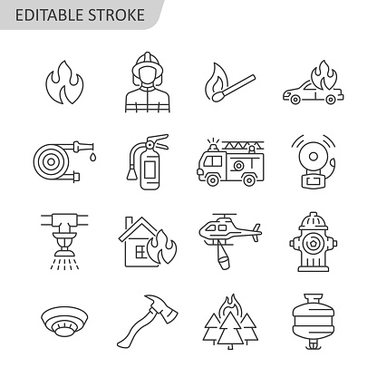 Firefighting line vector icon set. Fire department symbol with fire, fire hose, firefighter, extinguisher, fire engine, sprinkler system, burning house, helicopter, hydrant. Editable stroke.