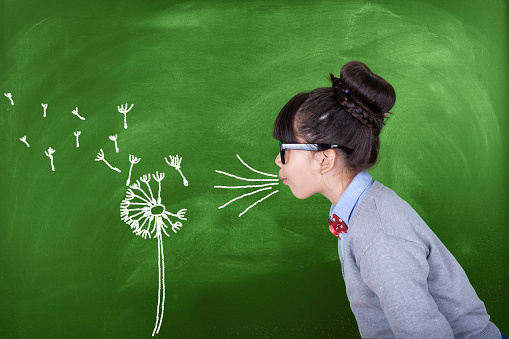 Little Asian schoolgirl blowing dandelion on blackboard