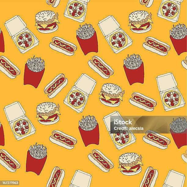 Szybkie Jedzenie Bez Szwu Wzór Tła - Stockowe grafiki wektorowe i więcej obrazów Bazgroły - Rysunek - Bazgroły - Rysunek, Bez ludzi, Burger