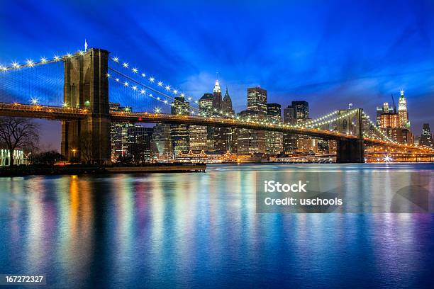 New York Skyline Stockfoto und mehr Bilder von Brooklyn Bridge - Brooklyn Bridge, Stadtsilhouette, Abenddämmerung