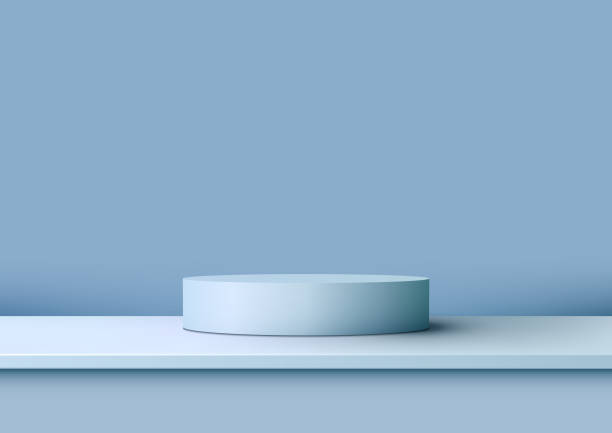 istock 3D blue podium on a table and blue wall scene background is a perfect mockup for displaying your products. It is minimalist and modern. Vector illustration 1672744178