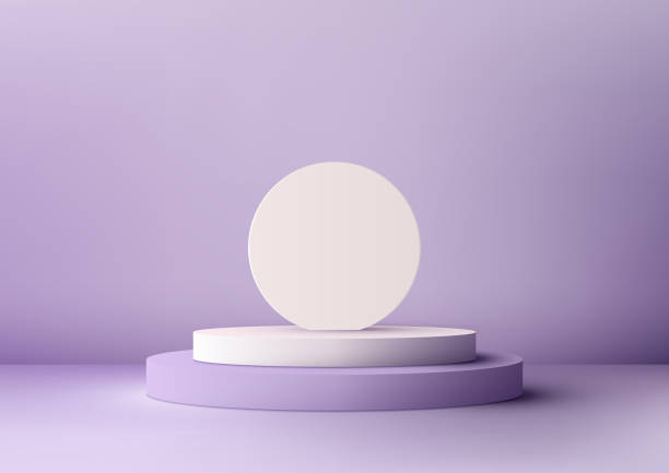 istock 3D White and Purple Podium with White Circle Backdrop on Purple Background 1672744184