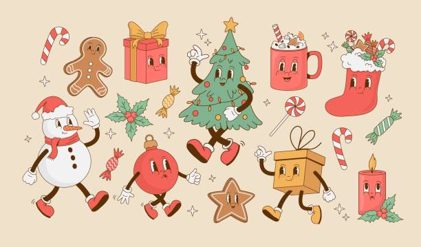ilustrações, clipart, desenhos animados e ícones de coleção de personagens de natal e ano novo em estilo retrô. - christmas season christmas tree nostalgia