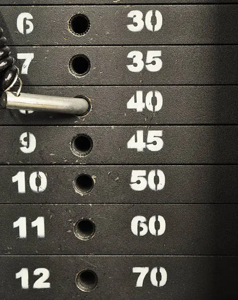 The weights on an excercise machine in the gym