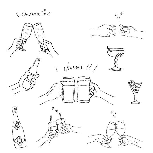 Close-up illustration of the hands of a person holding a glass and toasting Close-up illustration of the hands of a person holding a glass and toasting celebratory-toast stock illustrations