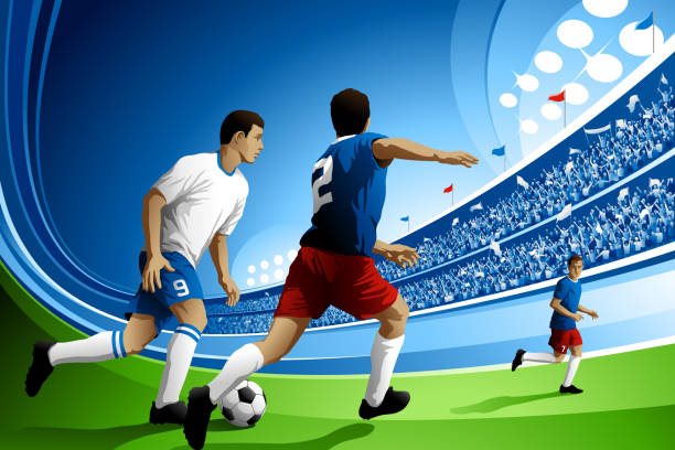 fußball spiel mit überfüllten-footballstadion - soccer stadium sport crowd stock-grafiken, -clipart, -cartoons und -symbole