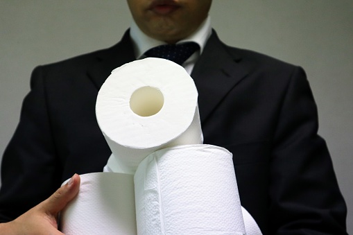 Photo of a person holding a large amount of toilet paper