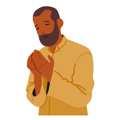 Mature Man Praying, Eyes Closed, Palms Pressed Together In Fervent Prayer, Seeking Solace And Guidance, A Picture Of Adult Black Male Character Deep Introspection. Cartoon People Vector Illustration