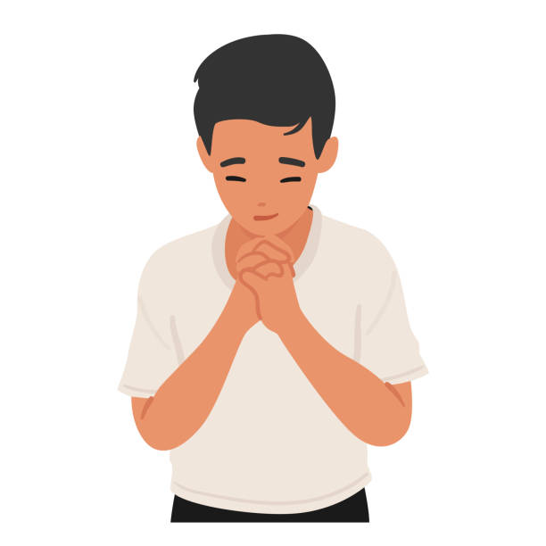 ilustrações de stock, clip art, desenhos animados e ícones de young child boy praying, eyes closed and hands clasped, bows in earnest prayer, a picture of innocence seeking solace - solace