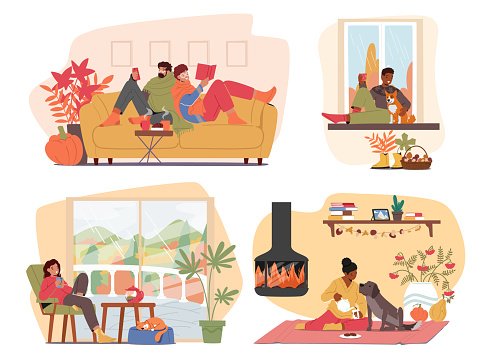 Characters Spend Time at Cozy Autumn Home with Crackling Fires, Soft Blankets, Spiced Aromas. Nature Colors Dance Through Windows, Inviting Relaxation And Comfort. Cartoon People Vector Illustration